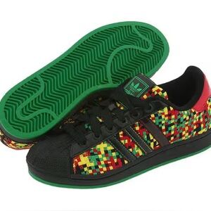 adidas Superstar Green Red Yellow Black Jamaica Marley Rasta Athletic Sneakers